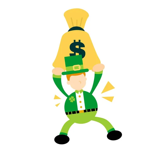 Heureux Leprechaun Money Bag Dollar Dessin Animé Gribouiller Plat Design — Image vectorielle