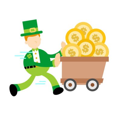 Leprikon ve altın para arabası karikatür karalama düz tasarım tasarım vektör illüstrasyonu