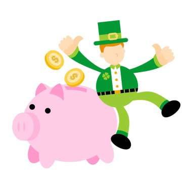 Happy Leprechaun ve domuz bankası para ekonomisi karikatür karalama düz tasarım tasarım vektör illüstrasyonunu finanse ediyor