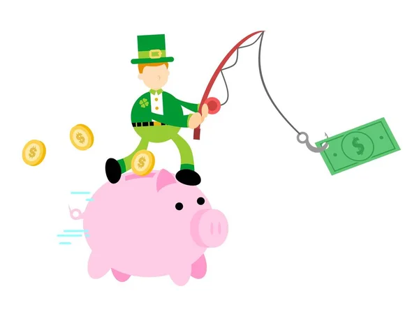 Happy Leprechaun Pig Bank Money Dollar Bait Economy Finance Cartoon — Stock Vector