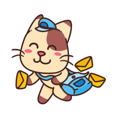 Mutlu Kahverengi Kedi Postacı Posta Postası Çizgi Filmi Sevimli Vektör Çizimi Düz Tasarım Etiketi İzole Edildi