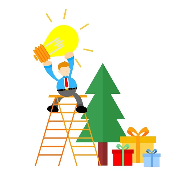 Businessman Lamp Idea Christmas Pine Tree Cartoon Doodle Flat Design — Stock Vector