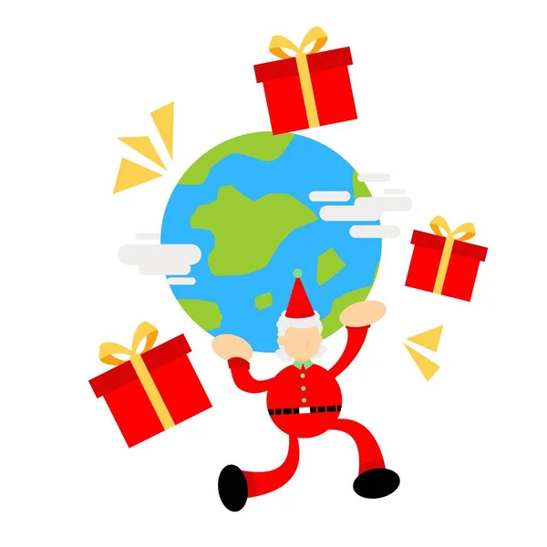 Jul Röd Tomte Lyft Världen Jorden Jordklotet Gåva Box Tecknad — Stock vektor