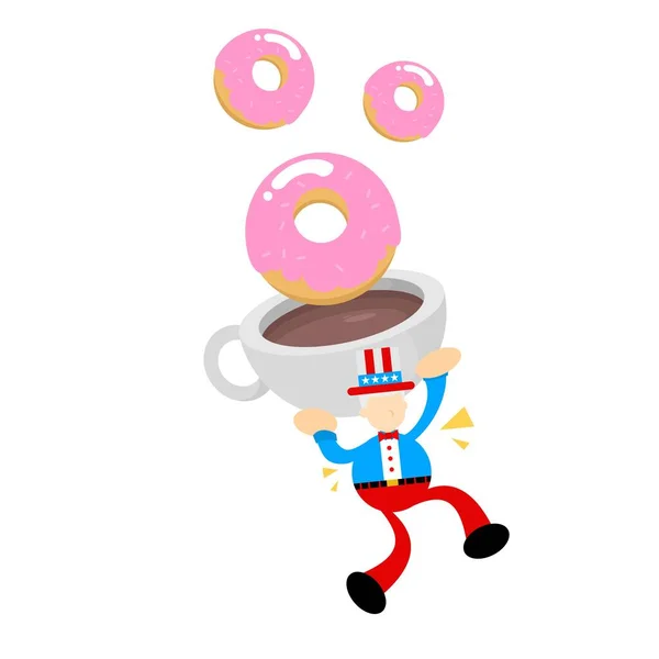 Onkel Sam America Und Süße Donut Trinken Kaffeetasse Cartoon Kritzeln — Stockvektor