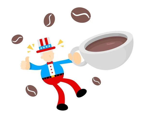 Zio Sam America Bere Caffè Bevanda Cartone Animato Doodle Disegno — Vettoriale Stock