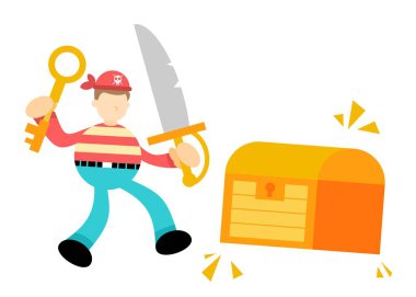 Mutlu korsan ve altın sandık madeni para para ekonomi çizgi film karalama düz tasarım vektör illüstrasyonu