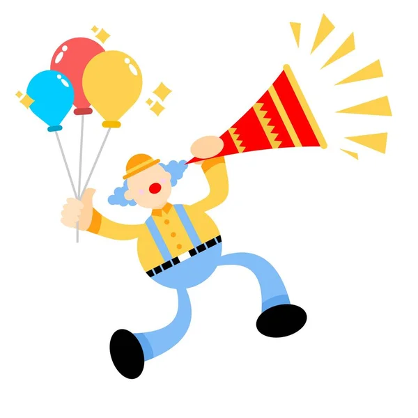 Gelukkig Geel Clown Kleurrijke Trompet Ballon Cartoon Doodle Platte Ontwerp — Stockvector