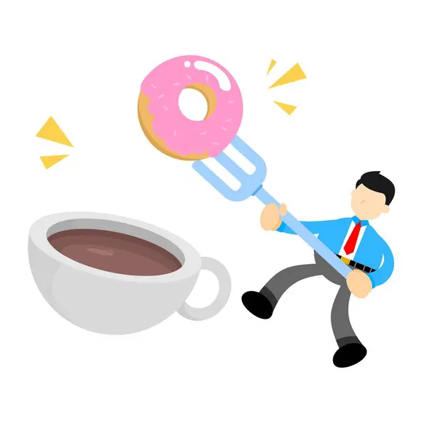 Businessman Sweet Doughnut Drink Coffee Cup Cartoon Doodle Flat Design — Stock Vector