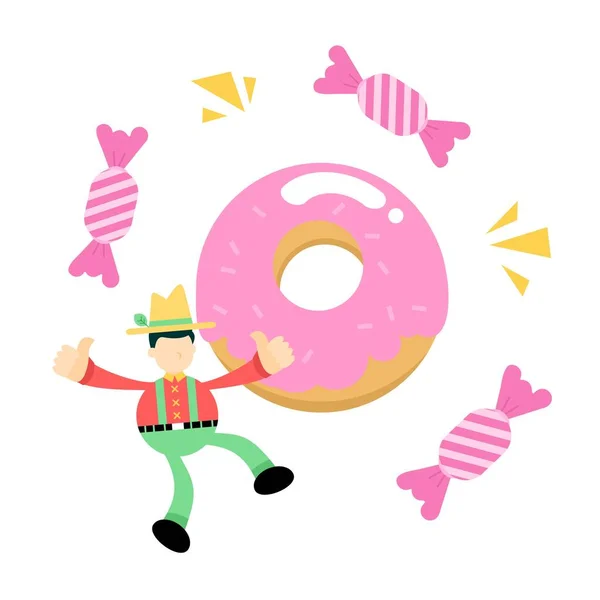 Agriculteur Homme Sucre Rose Bonbons Sucrés Donut Boisson Dessin Animé — Image vectorielle