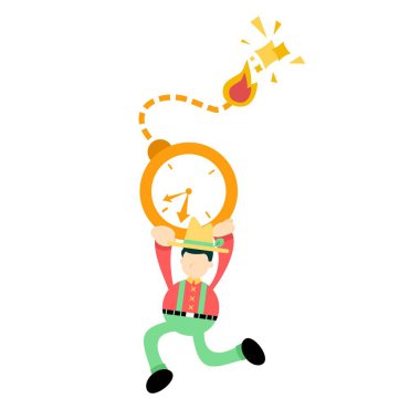 Çiftçi adam işçi saatli bomba için koşun çizgi film karalama vektör çizim düz tasarım