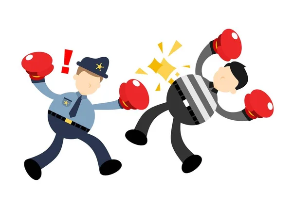 Police Burglar Fight Boxing Each Other Cartoon Doodle Flat Design — Vetor de Stock