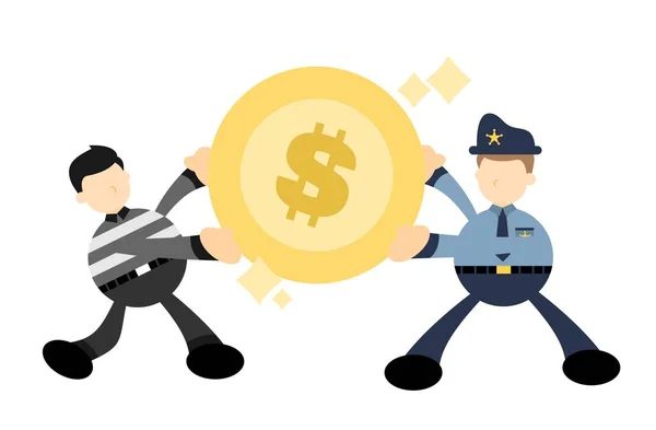 Policie Zloděj Zlaté Mince Peníze Dolar Kreslený Čmáranice Plochý Design — Stockový vektor