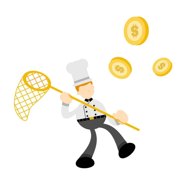 Chef Man Catch Gold Coin Money Dollar Cartoon Doodle Flat — Vetor de Stock