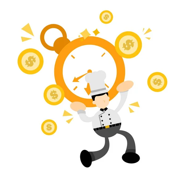 シェフの男は時間時計のお金を選ぶ漫画のドアフラットデザインスタイルベクトルイラスト — ストックベクタ
