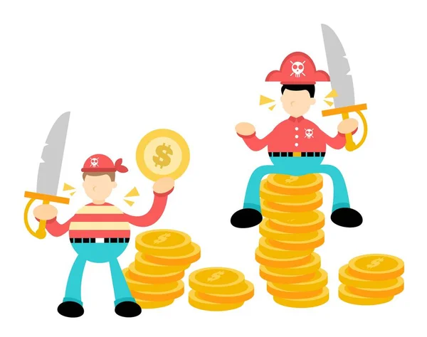 Pirát Námořník Muž Zlaté Mince Peníze Dolar Karikatura Doodle Plochý — Stockový vektor