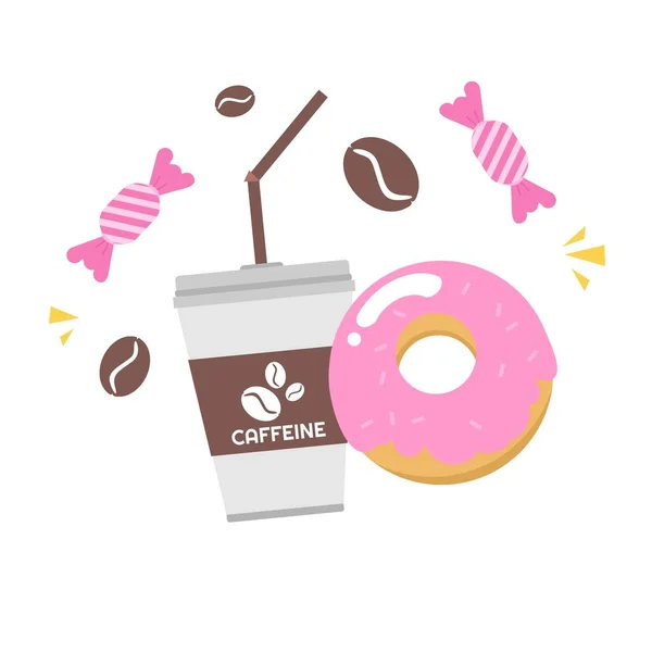 Donut Dulce Beber Taza Café Dibujo Animado Garabato Diseño Plano — Vector de stock