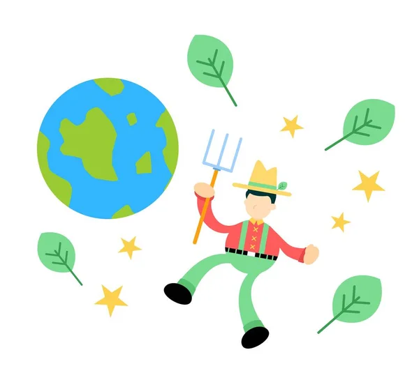 Zemědělec Muž Zemědělství Svět Globální Země Karikatura Doodle Plochý Design — Stockový vektor