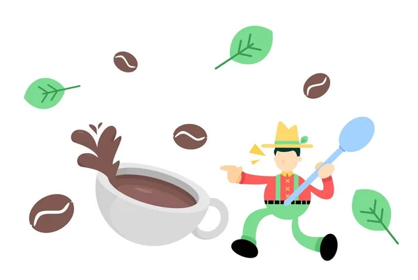 Contadino Uomo Agricoltura Bere Caffè Bevanda Cartone Animato Doodle Piatto — Vettoriale Stock