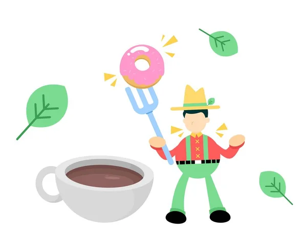 Contadino Uomo Agricoltura Dolce Ciambella Bere Caffè Tazza Cartone Animato — Vettoriale Stock