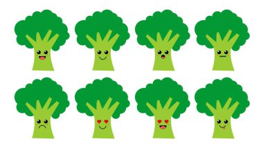 Farklı duyguları olan bir dizi renkli yeşil brokoli seti. Çocuklar için komik duygu karakter koleksiyonu. Fantezi karakterleri. Vektör çizimleri, düz çizgi film biçimi
