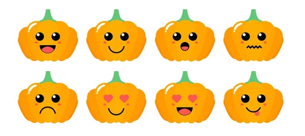 Set Cute Cartoon Colorful Orange Pumpkin Different Emotions Funny Emotions — Stock Vector