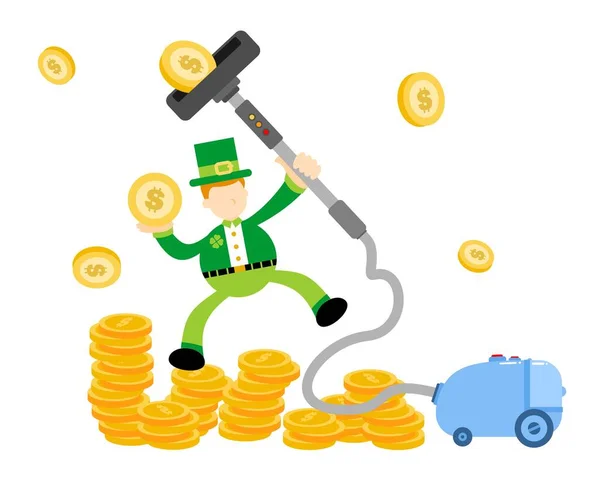 Kabouter Shamrock Keltische Stofzuiger Schoon Vangen Geld Cartoon Doodle Platte — Stockvector