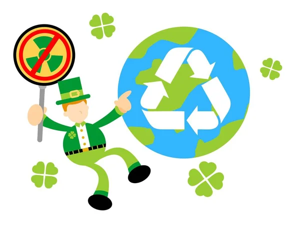 Kabouter Shamrock Keltische Stoppen Nucleaire Activiteit Gezonde Wereld Recyclen Cartoon — Stockvector