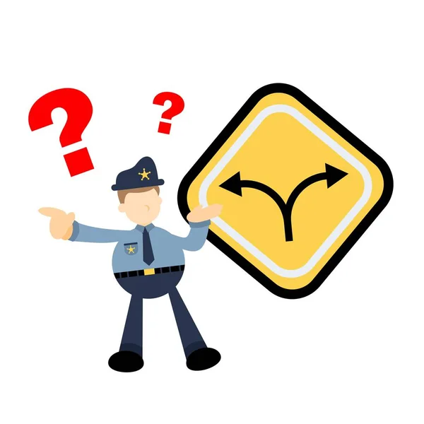 警察官と2方向道路標識漫画ドアフラットデザインベクトルイラスト — ストックベクタ