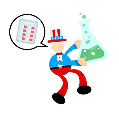 Sam amca ve deney laboratuvar tıbbı uyuşturucu sağlık çizgi filmi karalama düz tasarım vektör çizimi