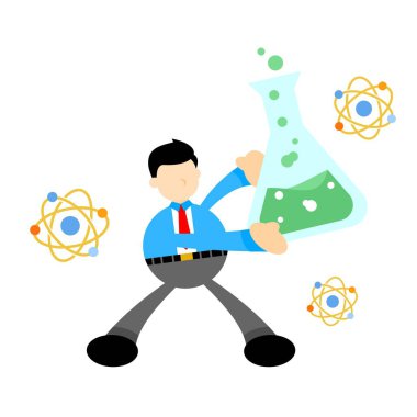 İş adamı ve deney laboratuarı araştırma şişesi bilim karikatürü karalama düz tasarım biçim çizimi