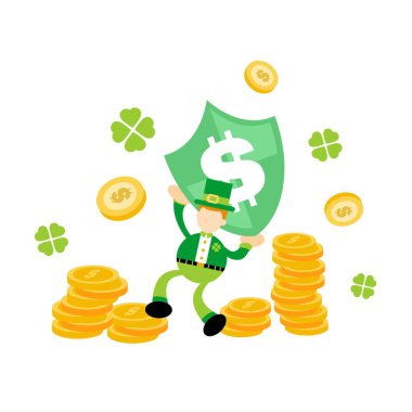 Leprikon yonca Kelt ve dolar kalkanı iş parası koruma çizgi film karikatürü düz tasarım tasarım tasarım tasarımı illüstrasyon