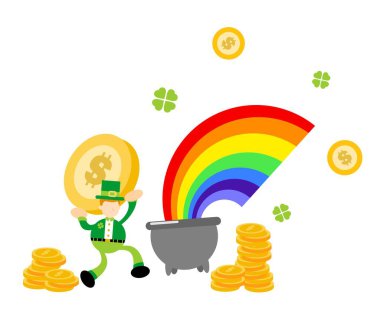 Leprikon yonca Kelt ve para ve gökkuşağı çizgi filmi karalama düz tasarım tasarım tasarım çizimi