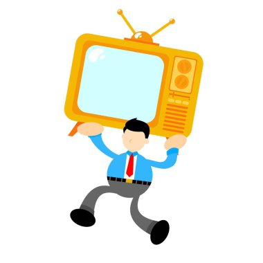 İşadamı ve sarı televizyon elektronik karikatür karalama düz tasarım çizim tarzı illüstrasyon