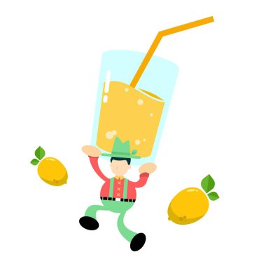 Çiftçi adam tarımı ve taze limon suyu karikatürü karalama düz tasarım vektör çizimi