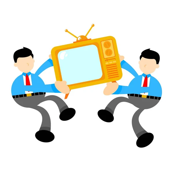 Επιχειρηματίας Εργαζόμενος Και Κίτρινο Τηλεόραση Ηλεκτρονικό Σκίτσο Σκίτσα Επίπεδη Σχεδίαση — Διανυσματικό Αρχείο