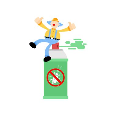 Palyaço karnavalı hamamböceği böcek spreyinin kökünü kuruttu böcek öldürücü karikatür karikatür düz tasarım vektör ilülasyonu