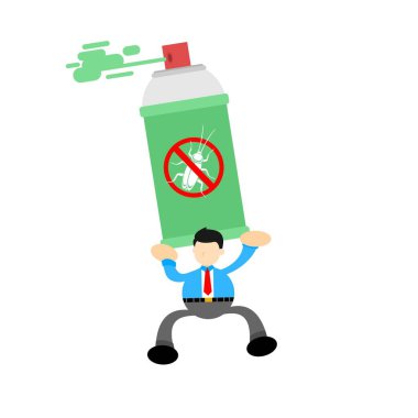 İşadamı hamamböceği ilaçlarının kökünü kazıdı böcek öldürücü karikatür karikatür düz tasarım vektör çizimi