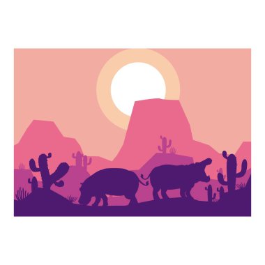 Hippopotamus hayvan silueti çöl savanası düz tasarım vektör çizimi