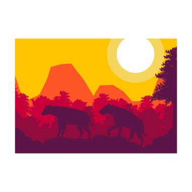 Sırtlan hayvan silueti orman dağ manzarası düz tasarım vektör çizimi