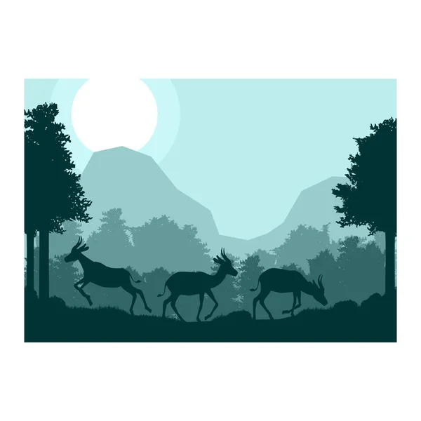 Impala Cerf Animal Silhouette Forêt Montagne Paysage Plat Design Vectoriel — Image vectorielle
