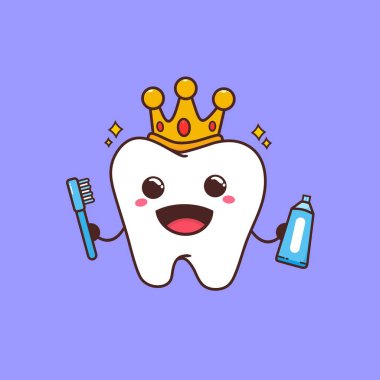 King Crown diş bakımı çizgi film karikatürü düz tasarım vektör çizimi