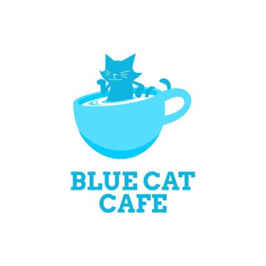 Blue Cat hayvan kahvesi kupası logosu tasarım illüstrasyonu
