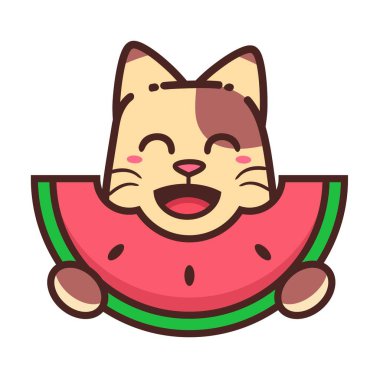Sevimli Mutlu Kahverengi Kedi Karpuz çizgi film karalama vektörü çizimi düz tasarım