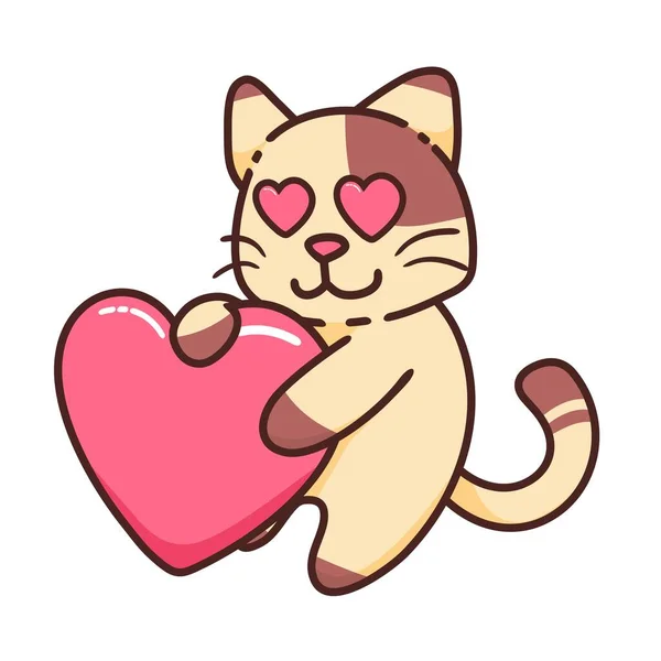 Lindo Adorable Happy Love Pink Heart Romance Brown Cat Dibujo — Vector de stock