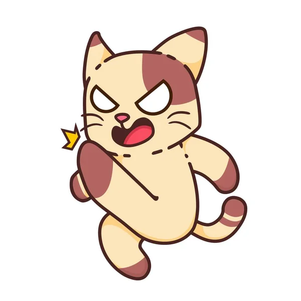 Adorable Mignon Angry Brown Cat Kick Pose Dessin Animé Vectoriel — Image vectorielle