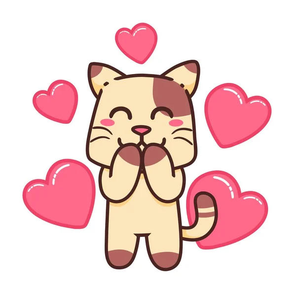可愛い愛らしい幸せな愛ピンクハートロマンスブラウン猫漫画のドードルベクトルイラストフラットデザインスタイル — ストックベクタ