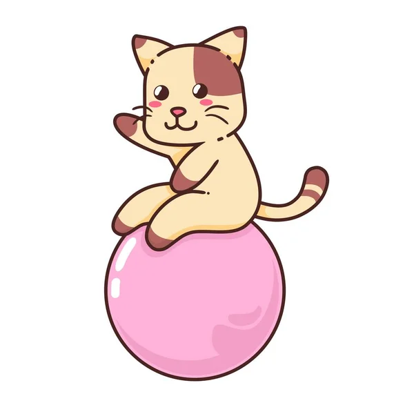 Roztomilý Rozkošný Hnědý Kočka Hrát Velký Růžový Míč Karikatura Doodle — Stockový vektor