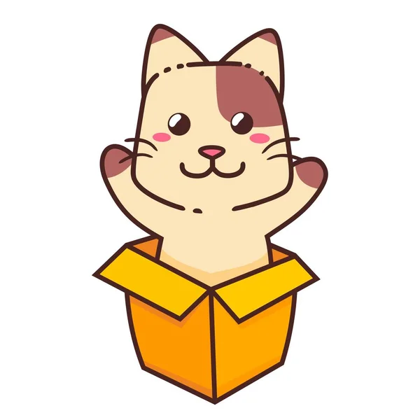 Lindo Adorable Feliz Gato Marrón Sorpresa Naranja Caja Amarilla Dibujo — Vector de stock