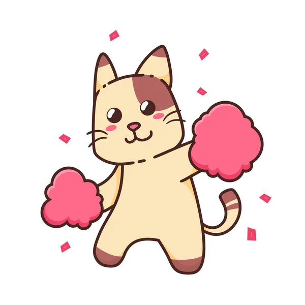 Cute Adorable Happy Brown Cat Dance Cheerleader Cartoon Doodle Vector - Stok Vektor