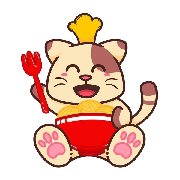 Mignon Adorable Happy Brown Cat Cook Noodle Dans Red Bowl — Image vectorielle